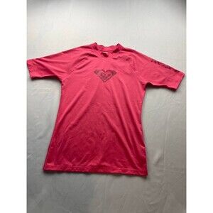 ROXY Rashguard Large Adult Pink Whole Hearted Short Sleeve Spellout Swim Womens